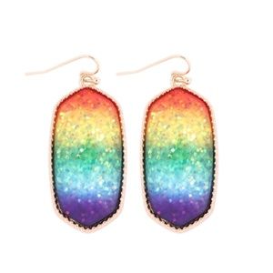 NWT Fun Rainbow Oval Pierced Dangle Earrings in Gold Tone!